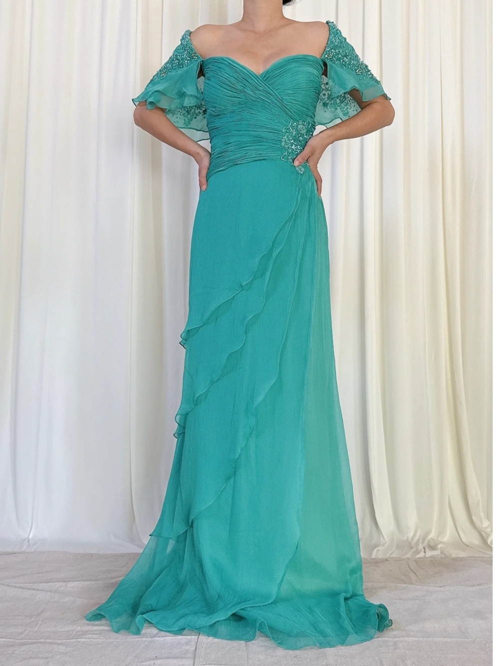 Vintage Chiffon Gown with Boned Ruched Bodice, Ruffled Skirt & Beaded  Sleeves